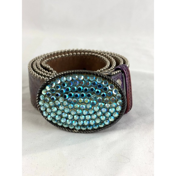Vintage Rhinestone Belt Made in Spain Wide Leather Aurora Borealis Buckle Y2K main image 11